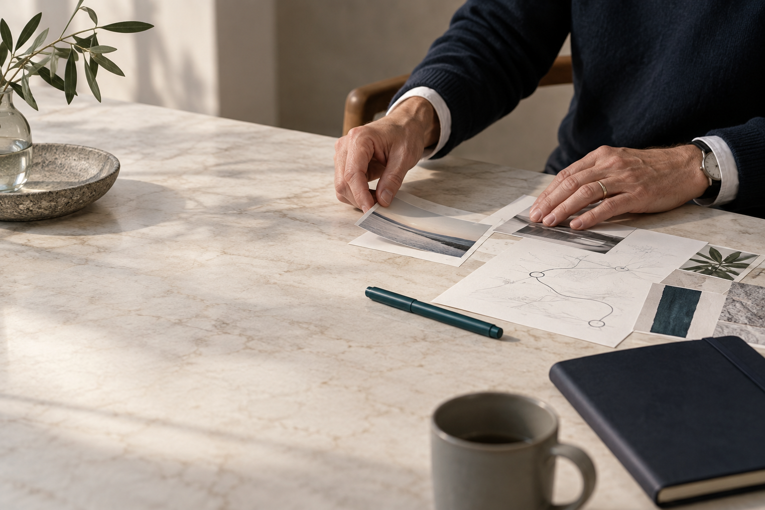 Careful preparation of non-confidential working materials on a table
