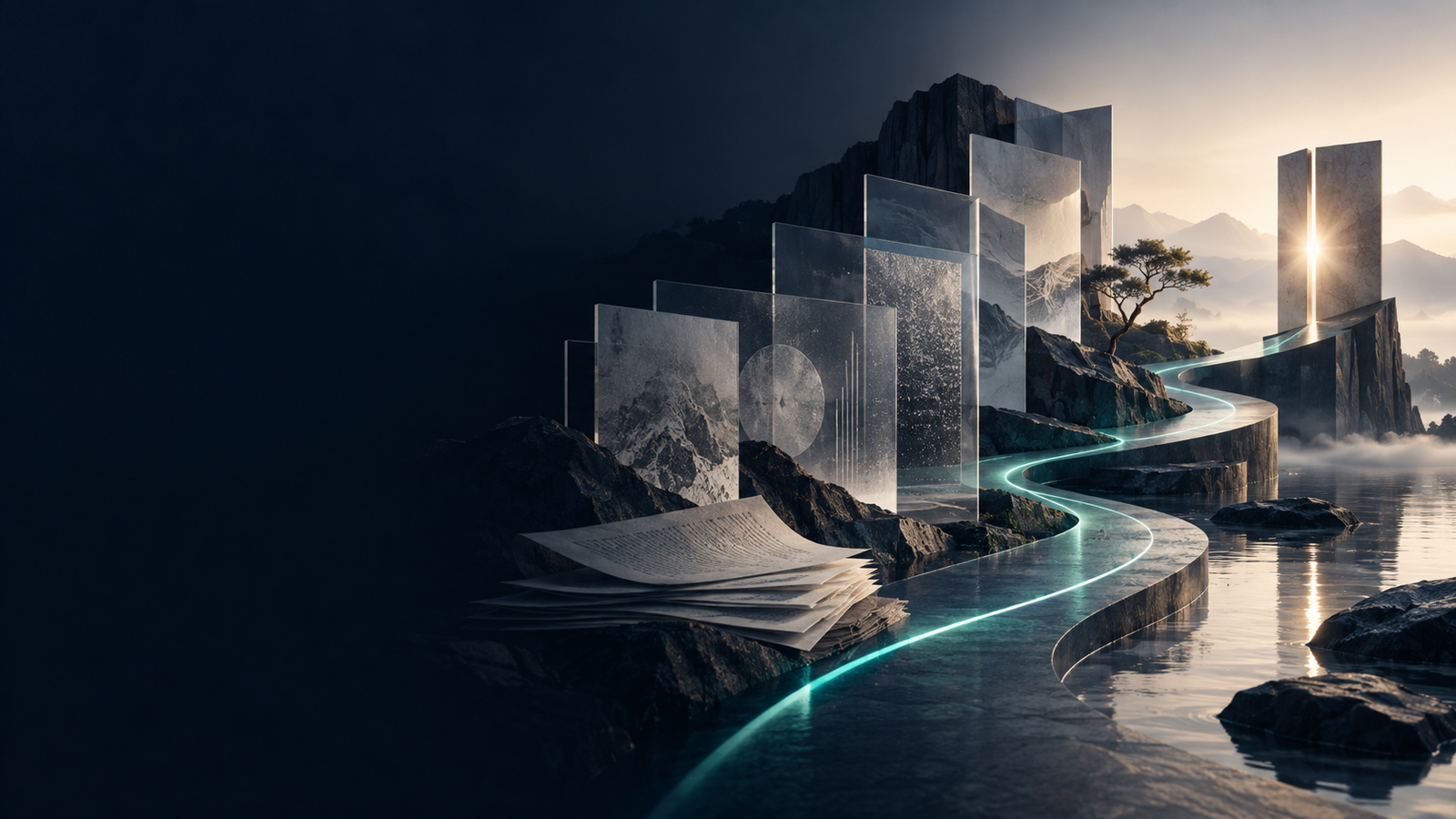 Abstract decision landscape with evidence panels and a teal path