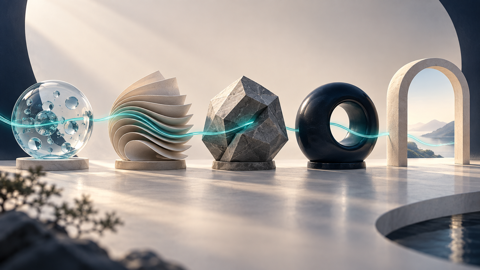 Five tactile forms connected by a teal line, expressing the decision journey